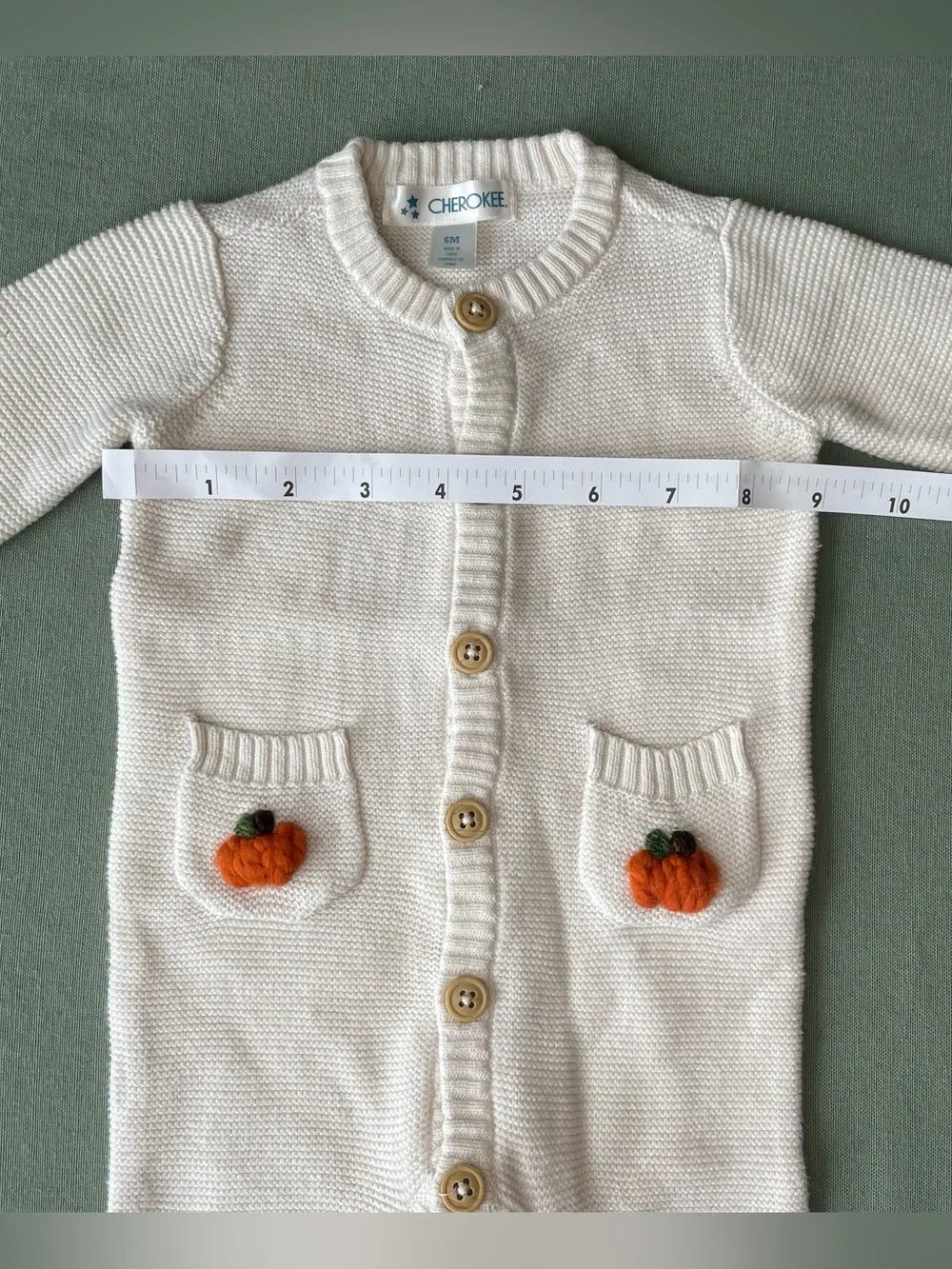 Upcycled Cream Knit One-Piece with hand stitched Pumpkin Pocket Accents